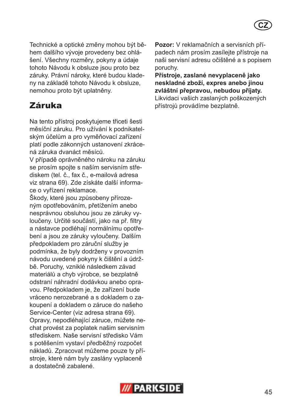 Záruka | Parkside PAS 500 B1 User Manual | Page 45 / 70