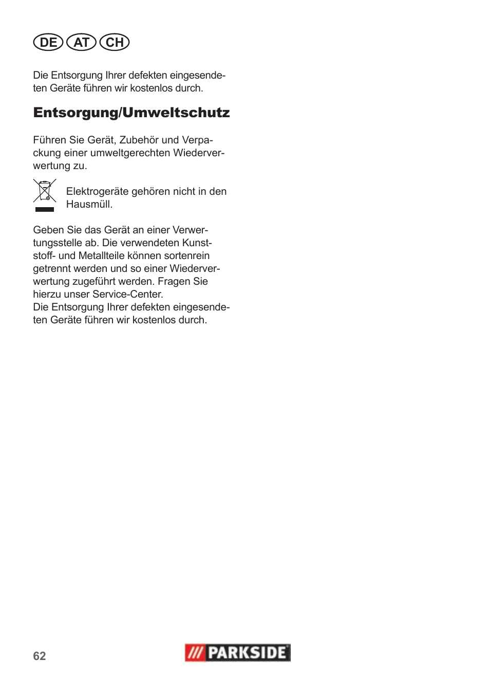 Entsorgung/umweltschutz | Parkside PAS 500 B1 User Manual | Page 62 / 70