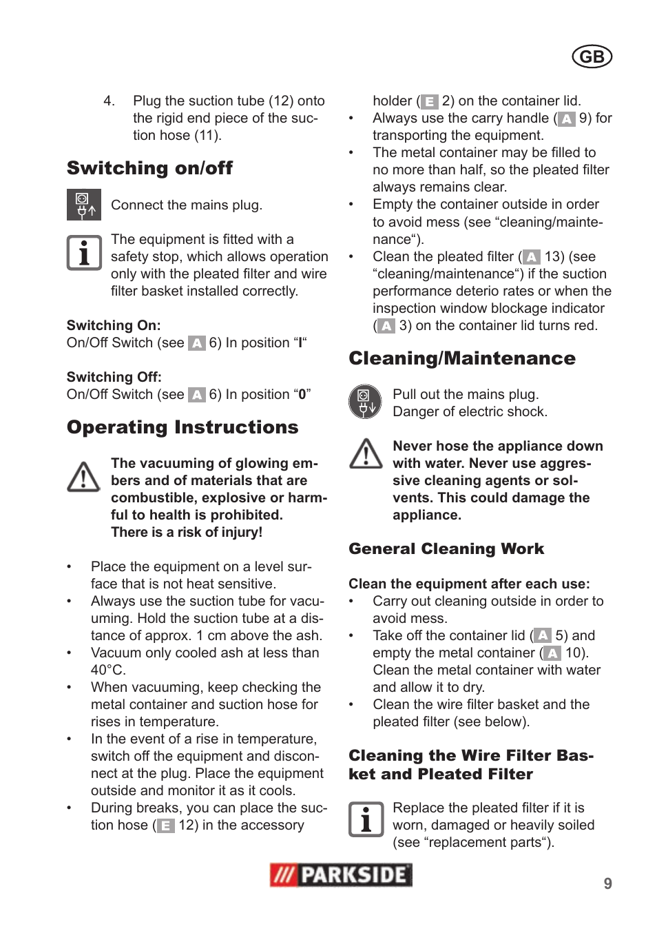 Switching on/off, Operating instructions, Cleaning/maintenance | Parkside PAS 500 B1 User Manual | Page 9 / 70