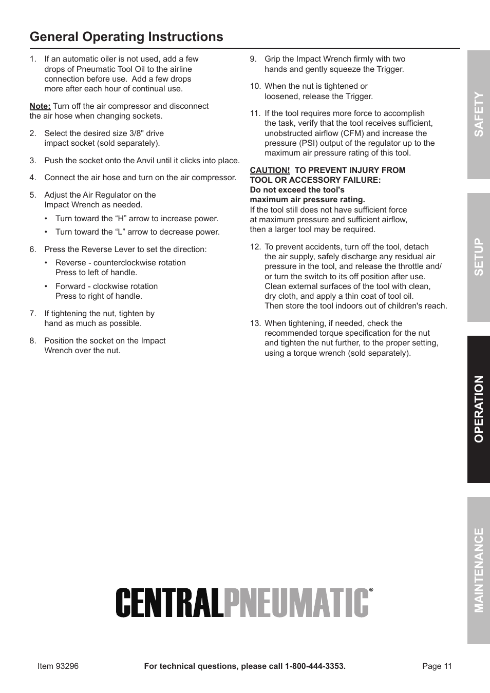 General operating instructions | Harbor Freight Tools ITEM 93296 User Manual | Page 11 / 16