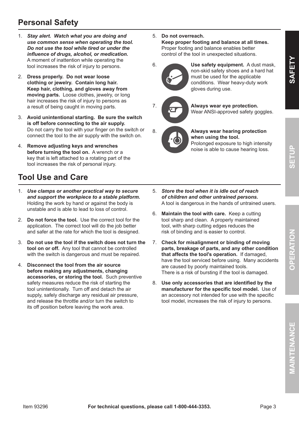 Personal safety, Tool use and care | Harbor Freight Tools ITEM 93296 User Manual | Page 3 / 16