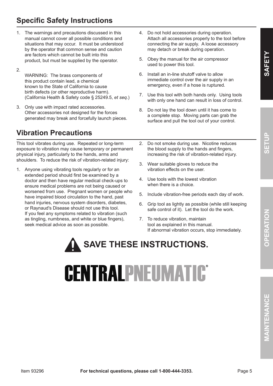 Save these instructions, Specific safety instructions, Vibration precautions | Harbor Freight Tools ITEM 93296 User Manual | Page 5 / 16