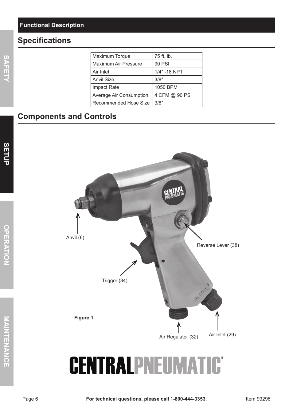 Specifications, Components and controls | Harbor Freight Tools ITEM 93296 User Manual | Page 6 / 16