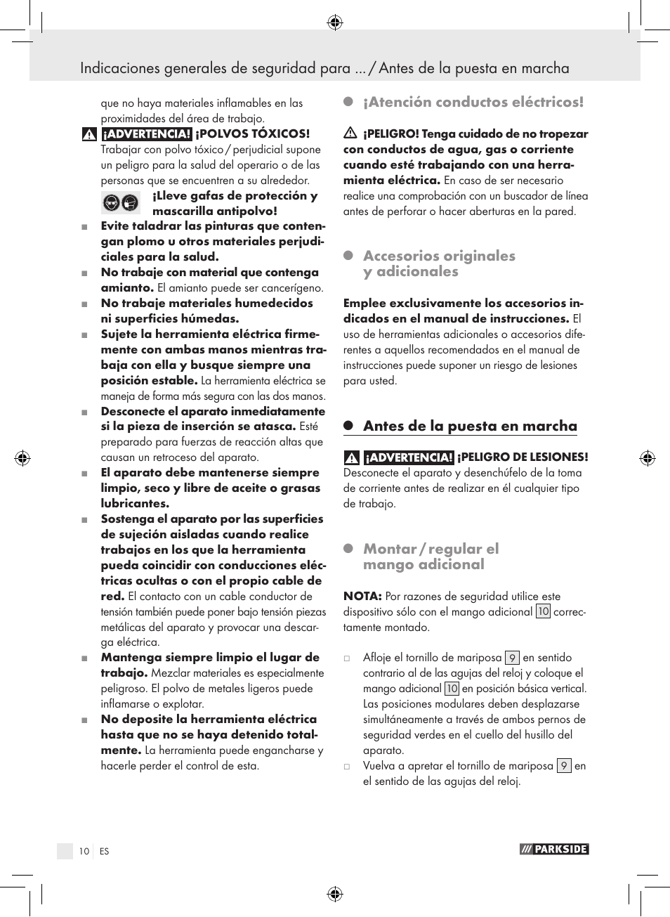 Atención conductos eléctricos, Accesorios originales y adicionales, Antes de la puesta en marcha | Montar / regular el mango adicional | Parkside PSB 1050 A1 User Manual | Page 10 / 55