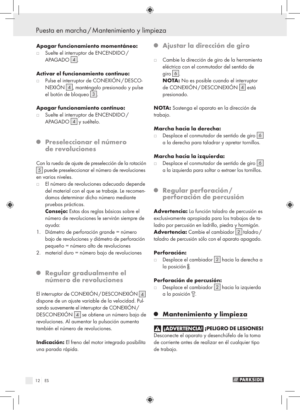 Puesta en marcha / mantenimiento y limpieza, Preseleccionar el número de revoluciones, Regular gradualmente el número de revoluciones | Ajustar la dirección de giro, Regular perforación / perforación de percusión, Mantenimiento y limpieza | Parkside PSB 1050 A1 User Manual | Page 12 / 55