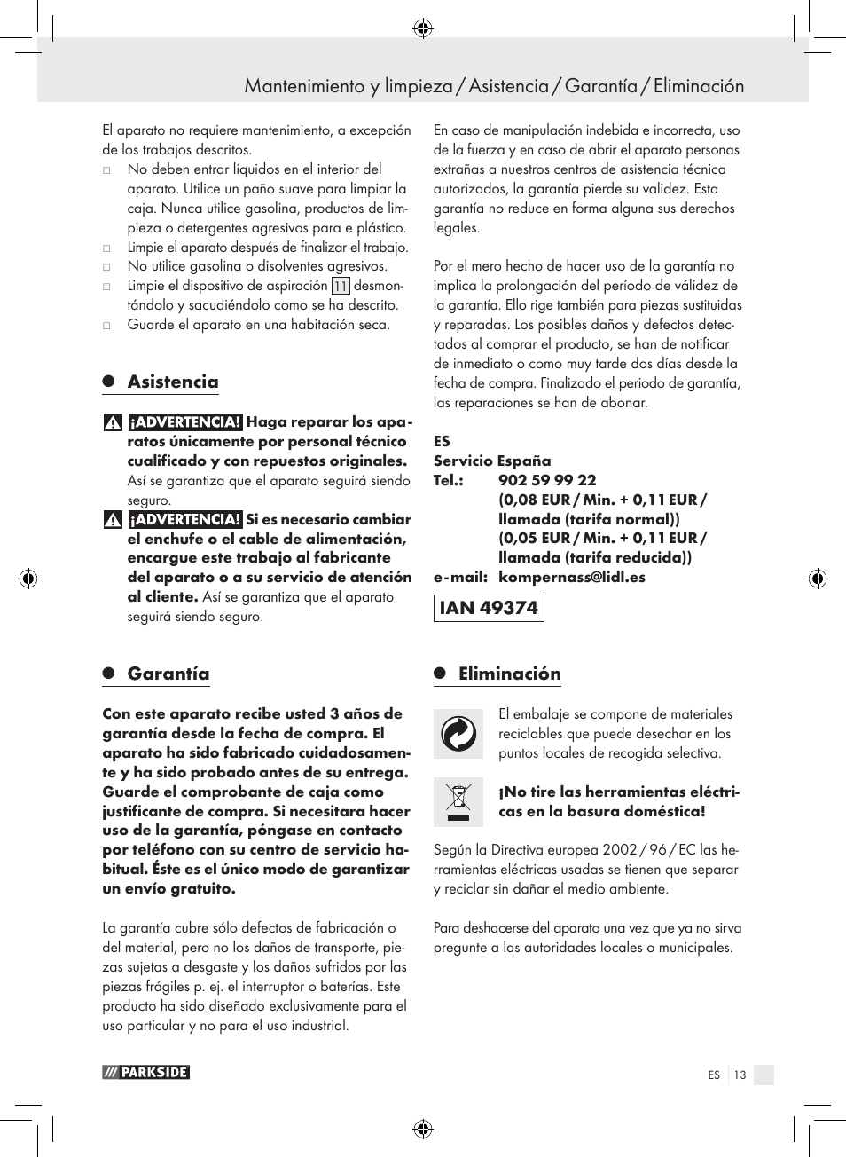 Asistencia, Garantía, Eliminación | Parkside PSB 1050 A1 User Manual | Page 13 / 55