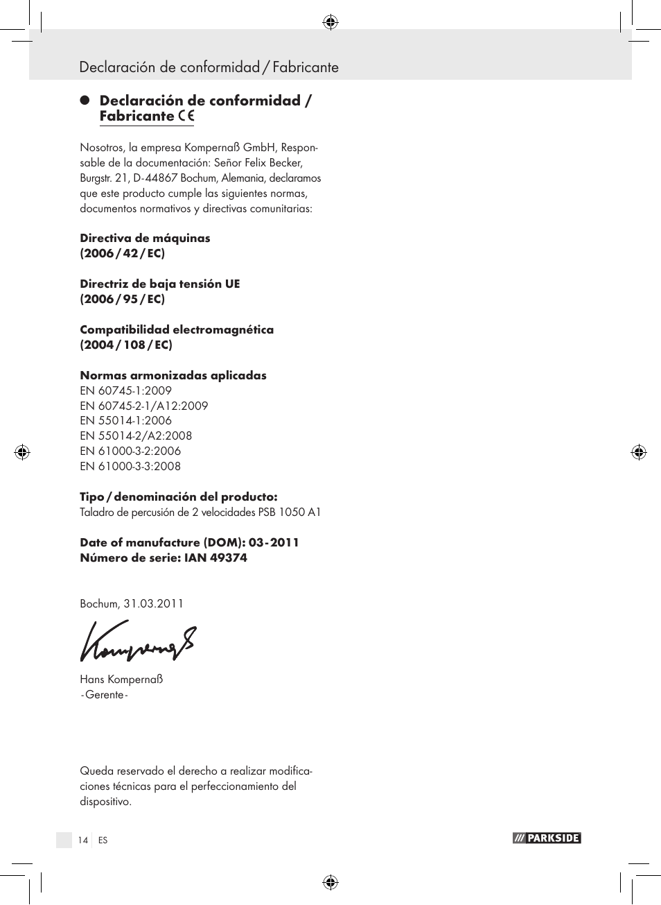 Declaración de conformidad / fabricante | Parkside PSB 1050 A1 User Manual | Page 14 / 55