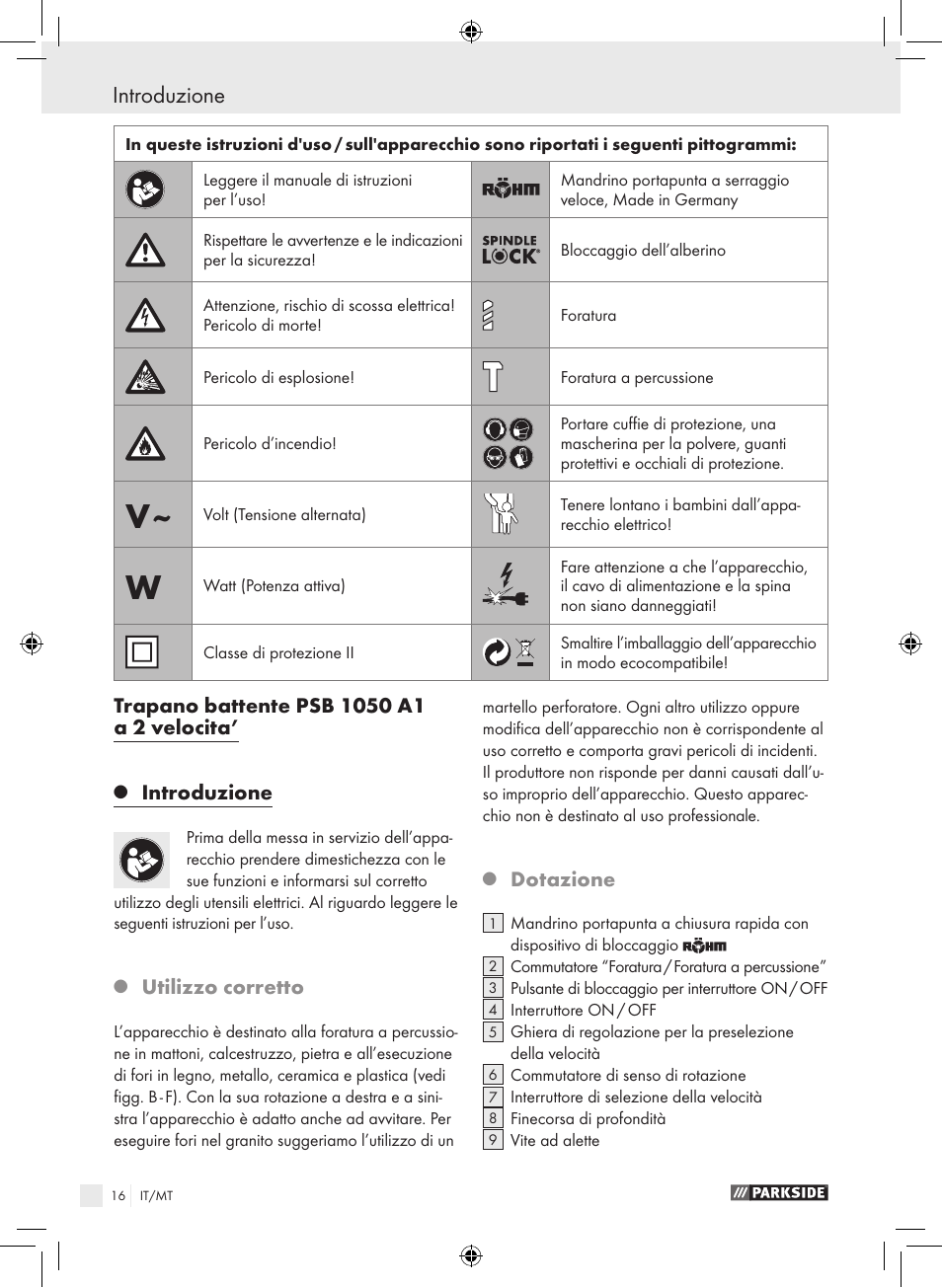 Introduzione, Utilizzo corretto, Dotazione | Parkside PSB 1050 A1 User Manual | Page 16 / 55