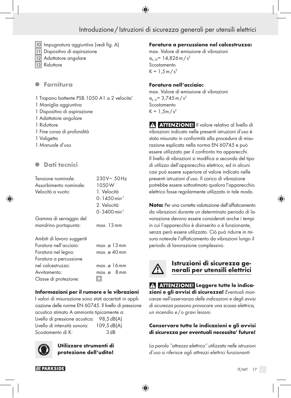 Fornitura, Dati tecnici | Parkside PSB 1050 A1 User Manual | Page 17 / 55