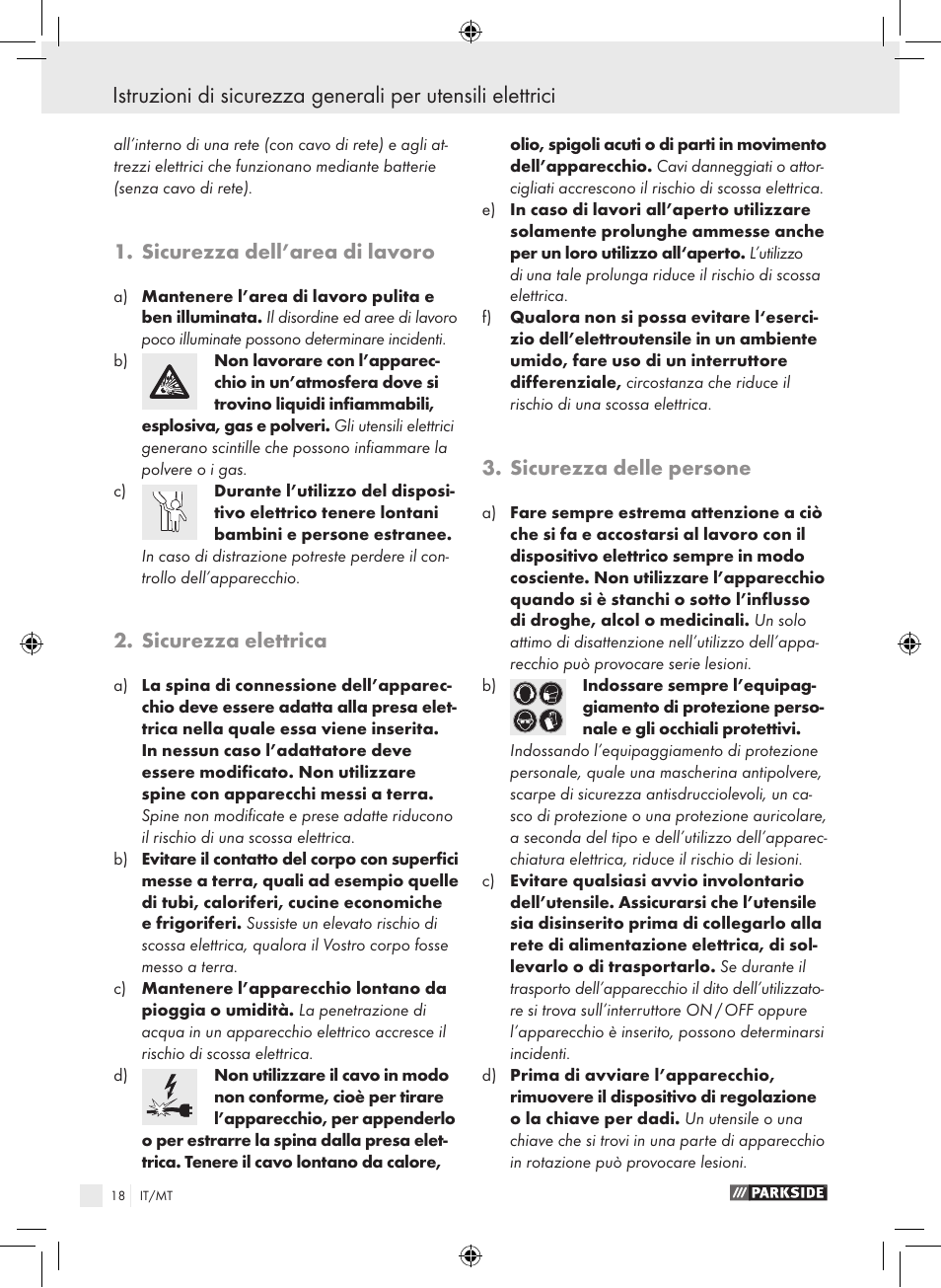 Sicurezza dell’area di lavoro, Sicurezza elettrica, Sicurezza delle persone | Parkside PSB 1050 A1 User Manual | Page 18 / 55