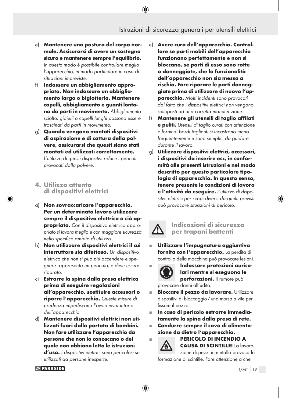 Utilizzo attento di dispositivi elettrici, Indicazioni di sicurezza per trapani battenti | Parkside PSB 1050 A1 User Manual | Page 19 / 55