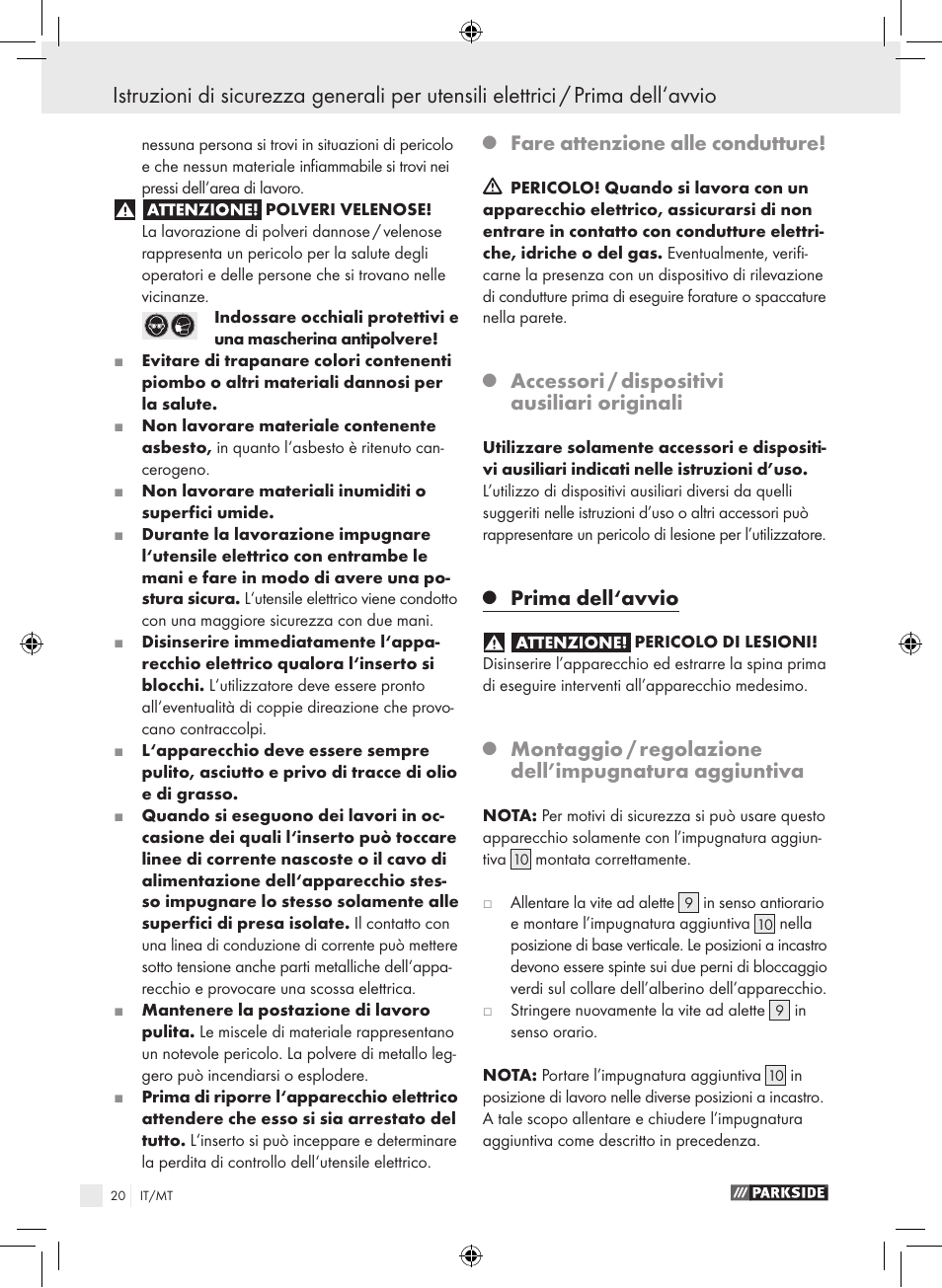 Fare attenzione alle condutture, Accessori / dispositivi ausiliari originali, Prima dell‘avvio | Parkside PSB 1050 A1 User Manual | Page 20 / 55