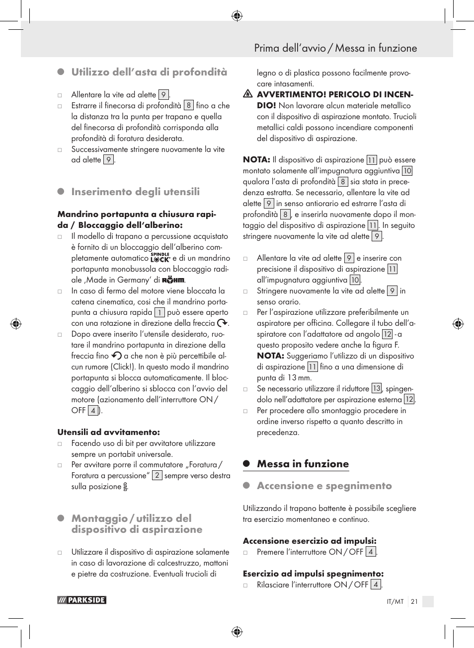 Prima dell‘avvio / messa in funzione, Utilizzo dell’asta di profondità, Inserimento degli utensili | Messa in funzione, Accensione e spegnimento | Parkside PSB 1050 A1 User Manual | Page 21 / 55