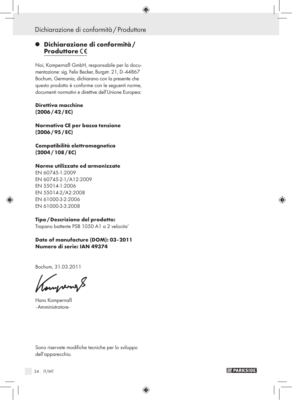 Dichiarazione di conformità / produttore | Parkside PSB 1050 A1 User Manual | Page 24 / 55