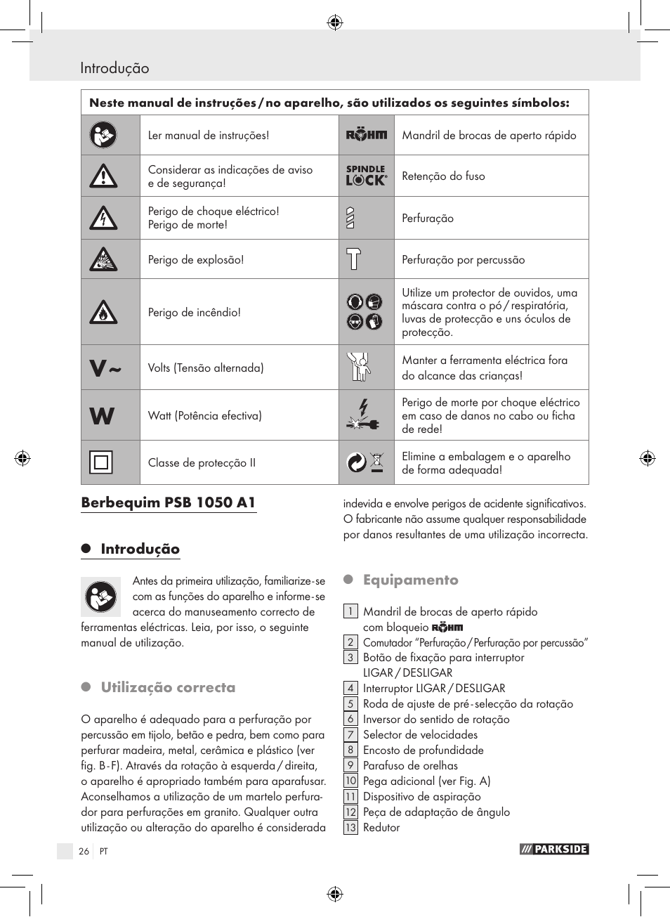 Introdução, Utilização correcta, Equipamento | Parkside PSB 1050 A1 User Manual | Page 26 / 55