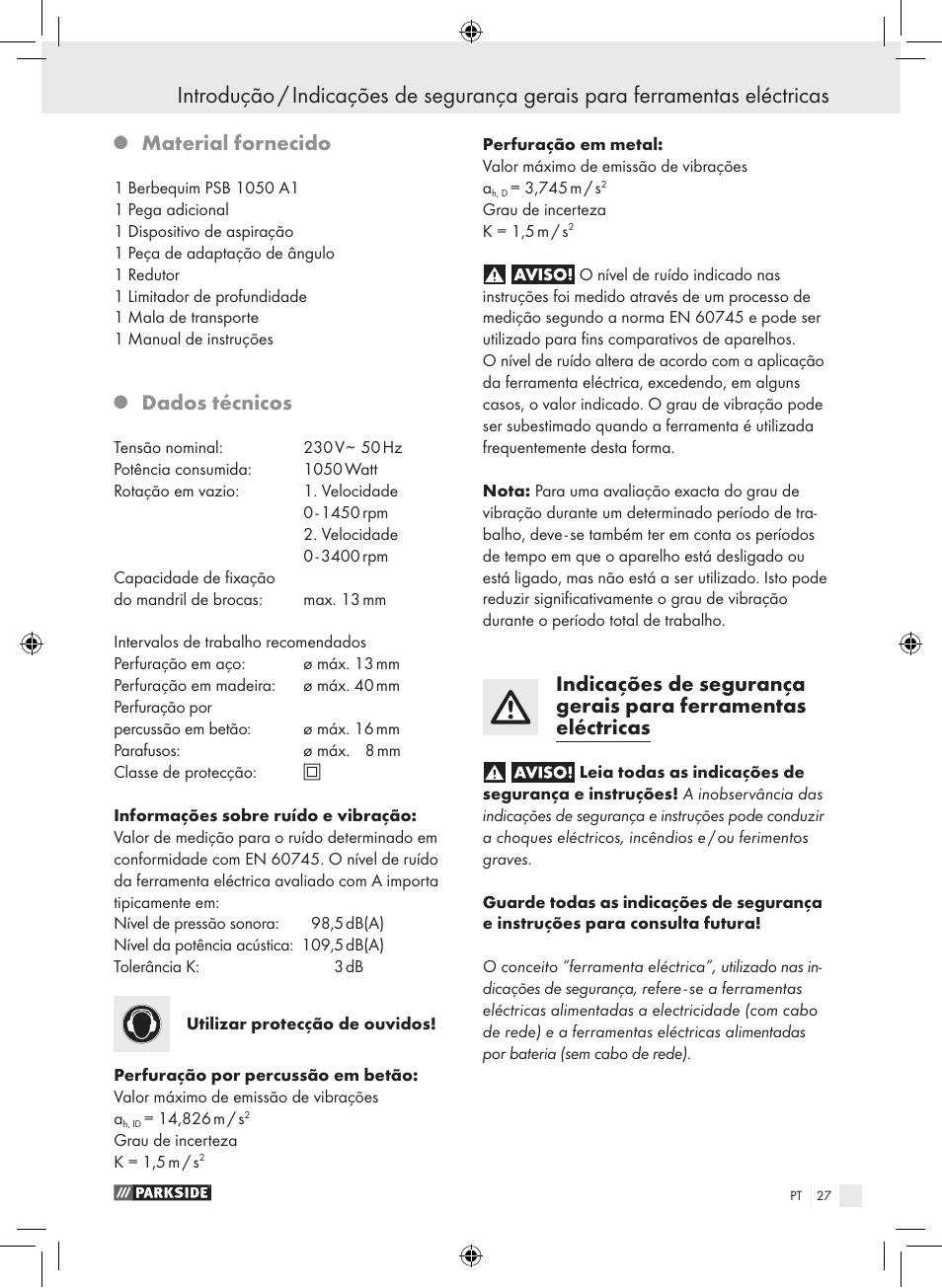 Material fornecido, Dados técnicos | Parkside PSB 1050 A1 User Manual | Page 27 / 55