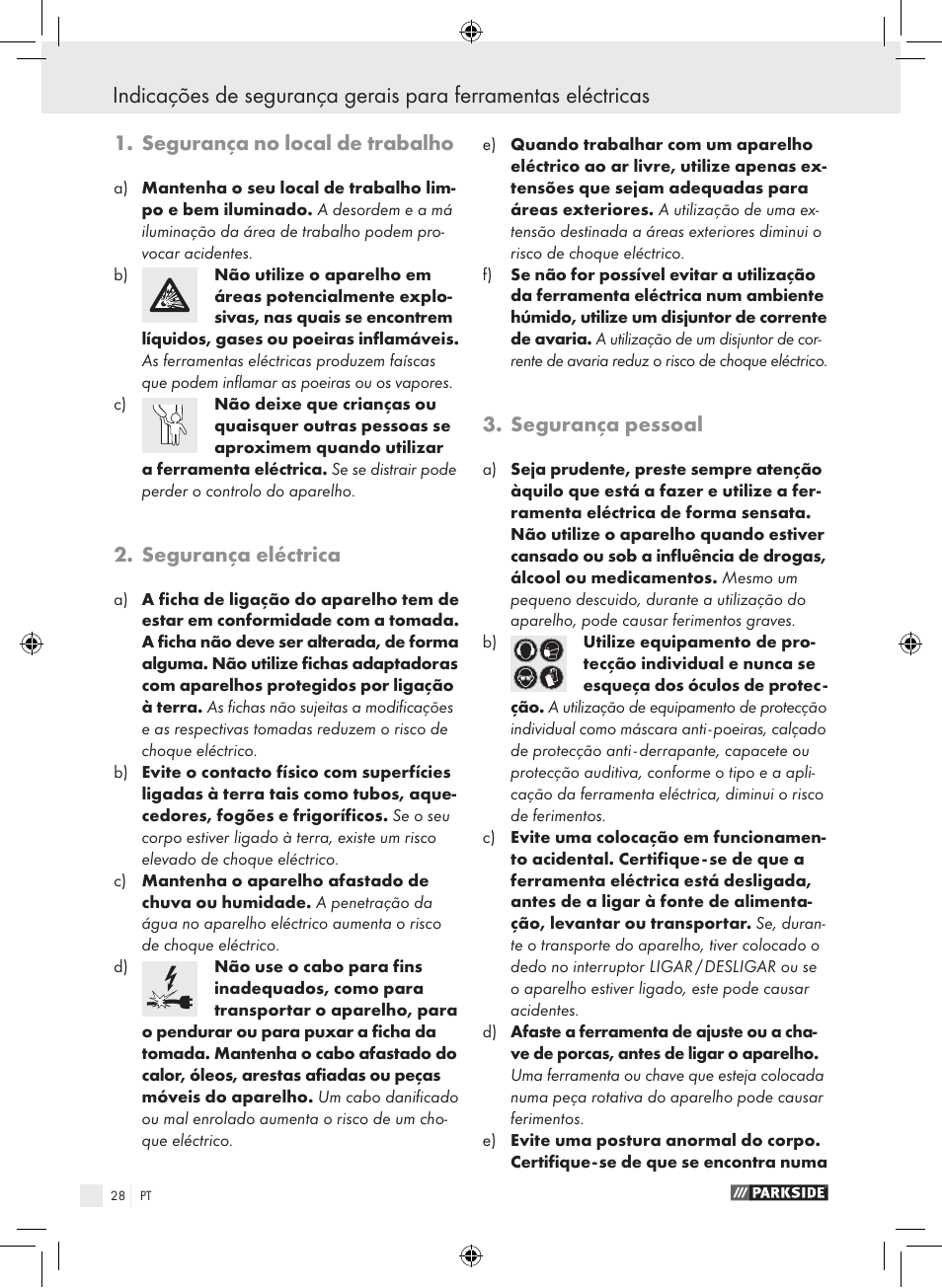 Segurança no local de trabalho, Segurança eléctrica, Segurança pessoal | Parkside PSB 1050 A1 User Manual | Page 28 / 55