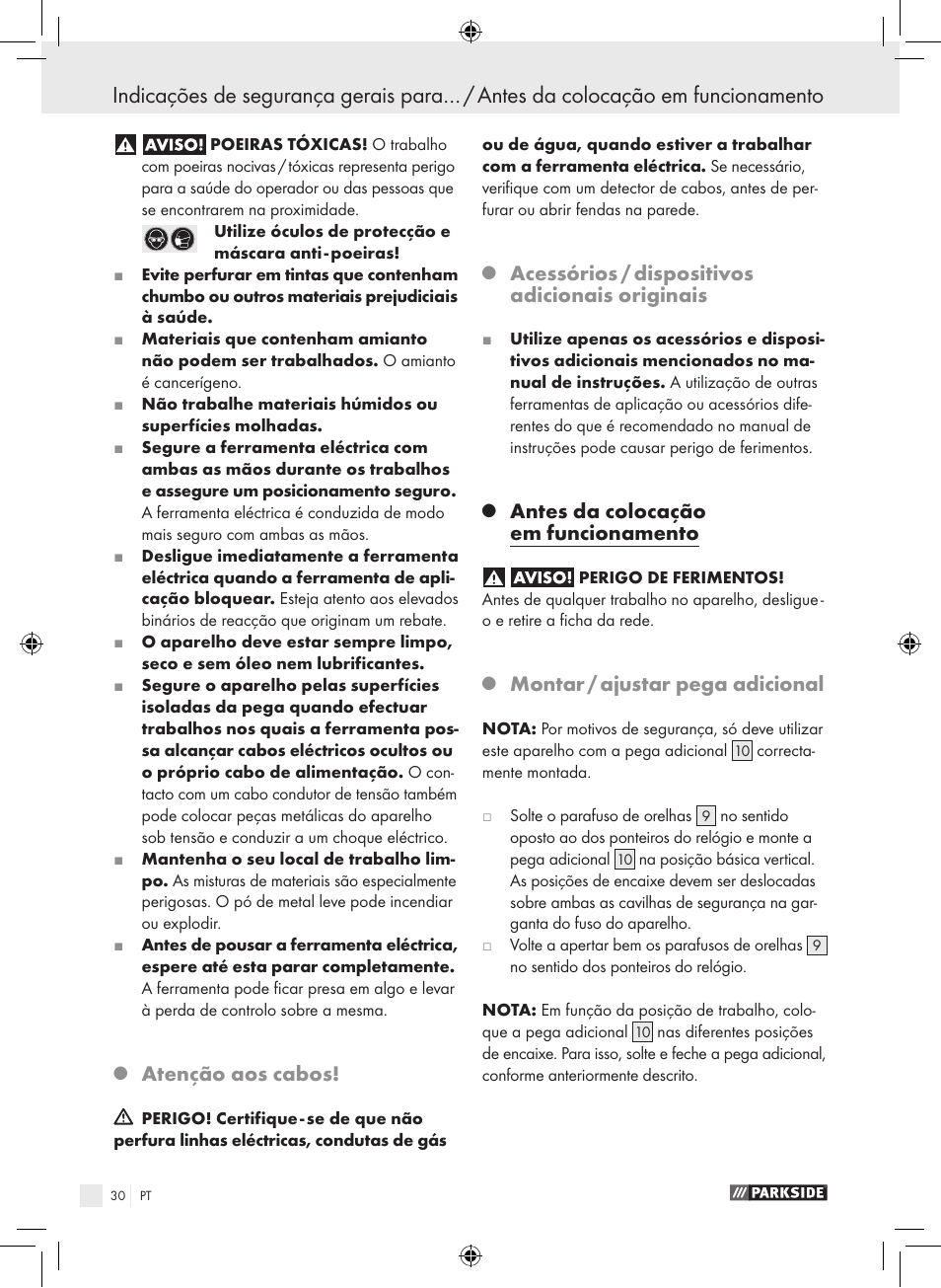 Atenção aos cabos, Acessórios / dispositivos adicionais originais, Antes da colocação em funcionamento | Montar / ajustar pega adicional | Parkside PSB 1050 A1 User Manual | Page 30 / 55