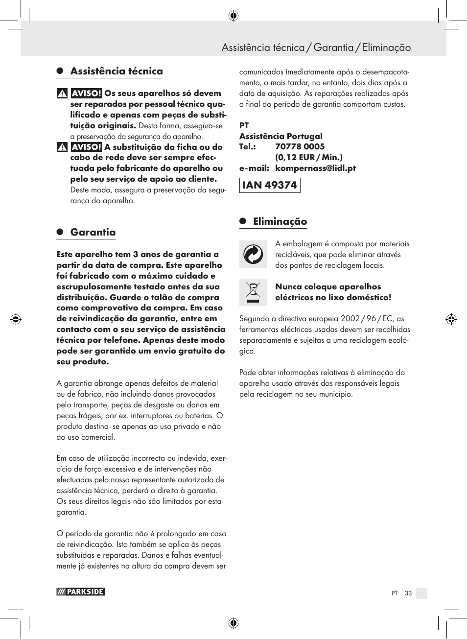 Assistência técnica / garantia / eliminação, Assistência técnica, Garantia | Eliminação | Parkside PSB 1050 A1 User Manual | Page 33 / 55