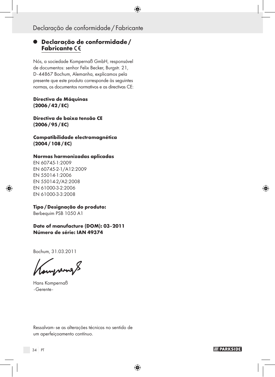 Declaração de conformidade / fabricante | Parkside PSB 1050 A1 User Manual | Page 34 / 55