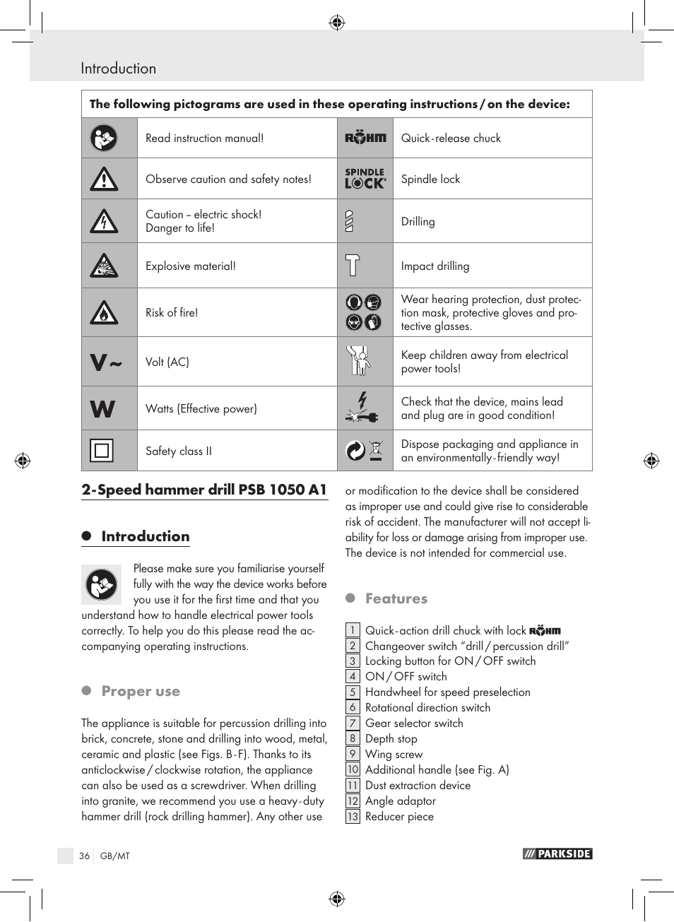 Introduction, Proper use, Features | Parkside PSB 1050 A1 User Manual | Page 36 / 55