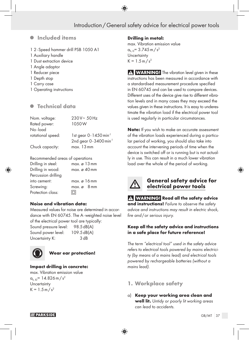 Included items, Technical data, General safety advice for electrical power tools | Workplace safety | Parkside PSB 1050 A1 User Manual | Page 37 / 55