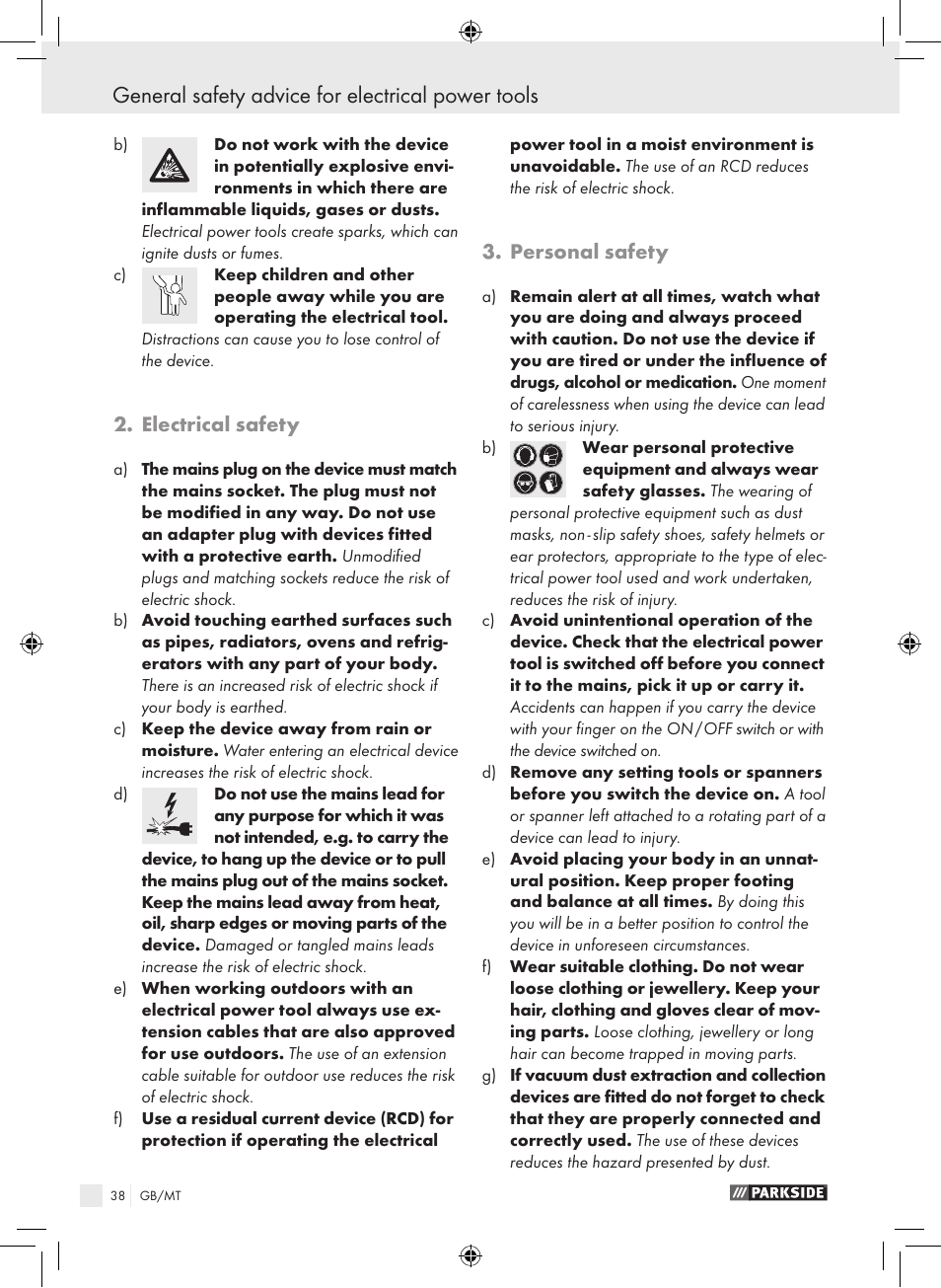 General safety advice for electrical power tools, Electrical safety, Personal safety | Parkside PSB 1050 A1 User Manual | Page 38 / 55