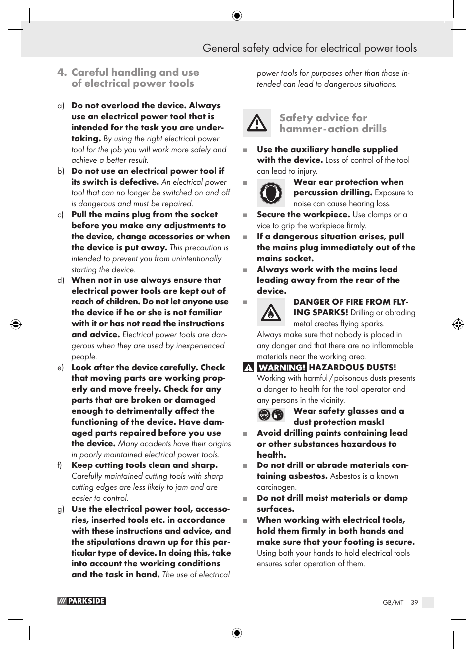 General safety advice for electrical power tools, Careful handling and use of electrical power tools, Safety advice for hammer - action drills | Parkside PSB 1050 A1 User Manual | Page 39 / 55