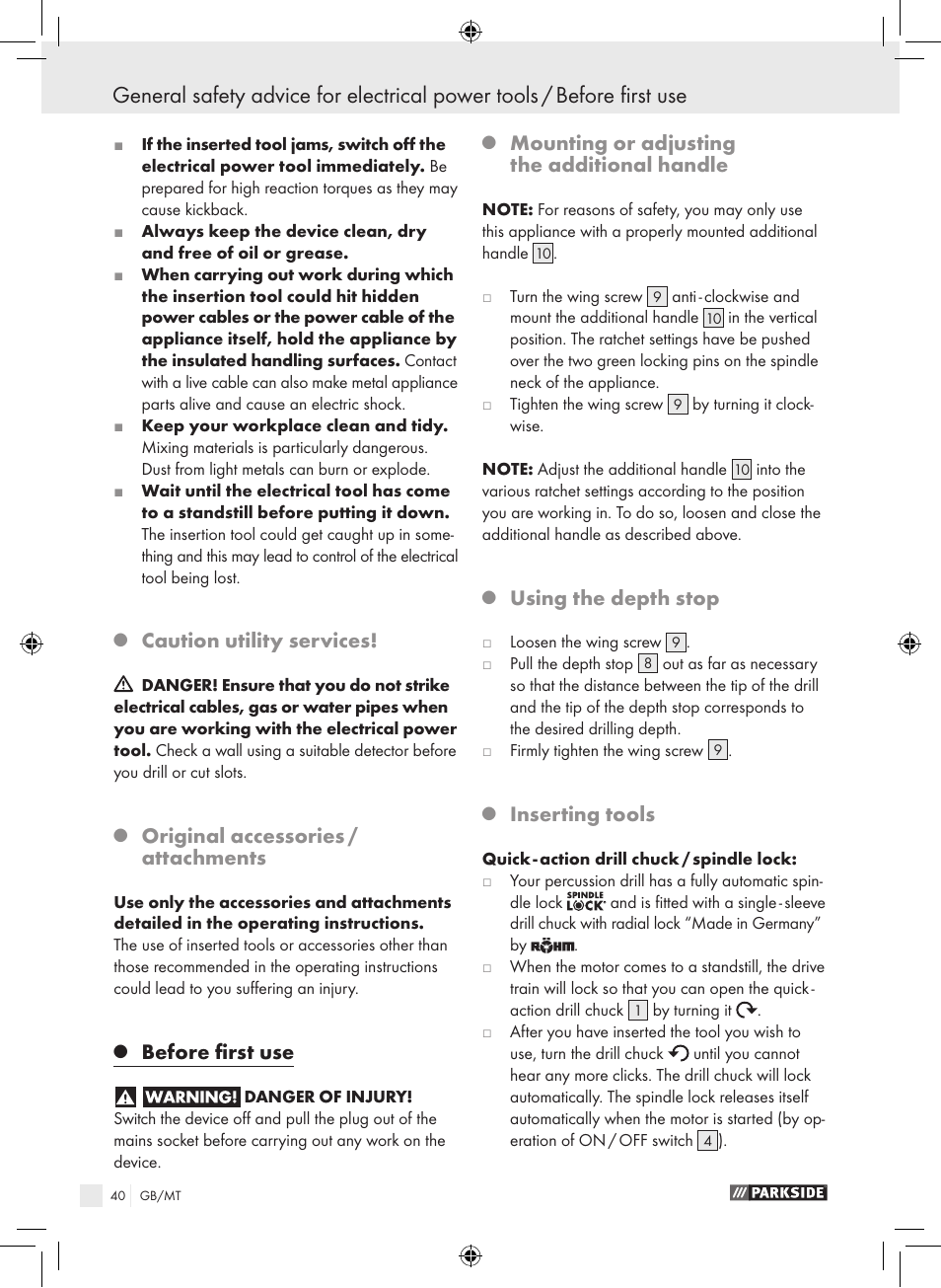 Caution utility services, Original accessories / attachments, Before first use | Mounting or adjusting the additional handle, Using the depth stop, Inserting tools | Parkside PSB 1050 A1 User Manual | Page 40 / 55