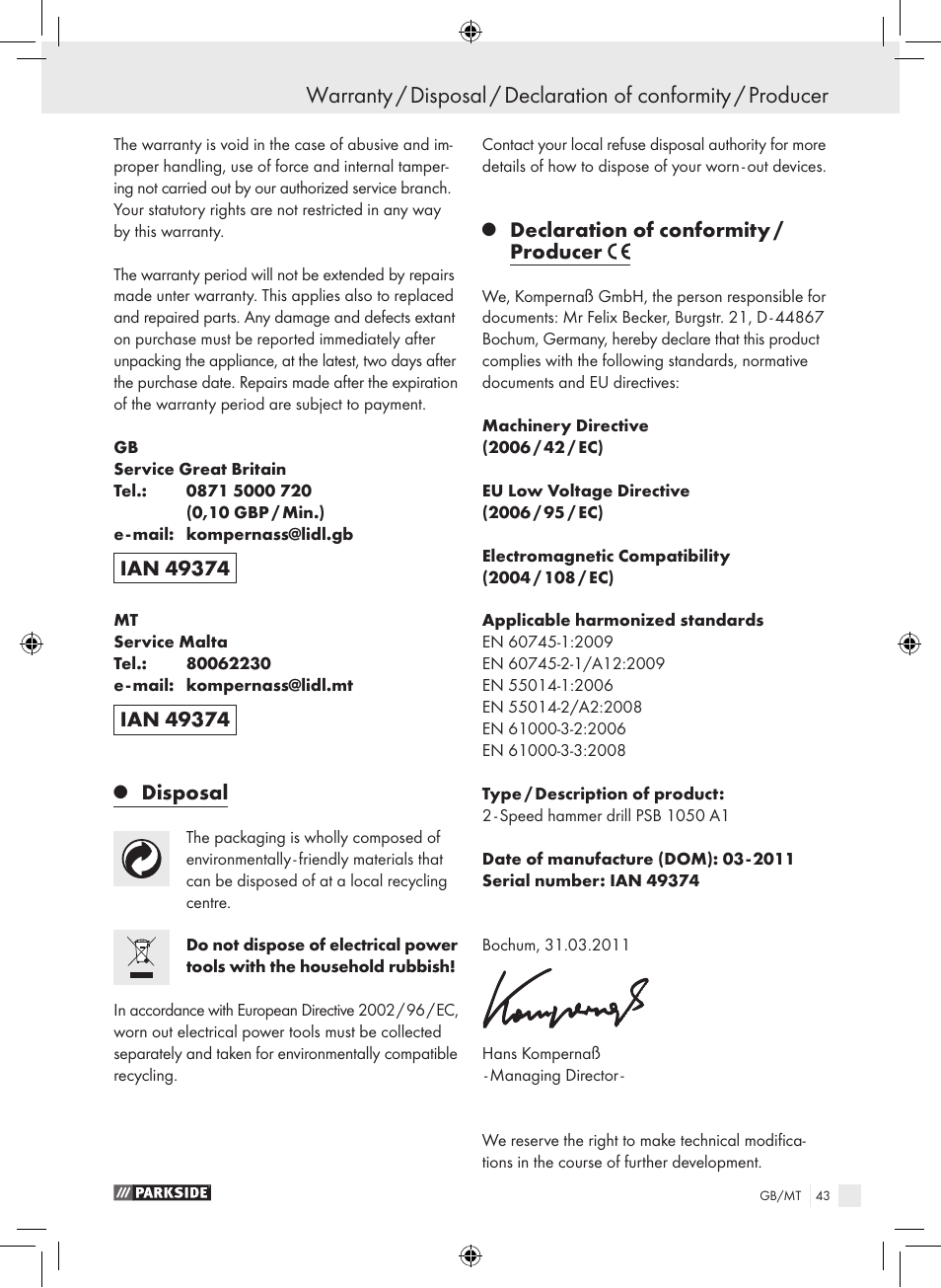 Disposal, Declaration of conformity / producer | Parkside PSB 1050 A1 User Manual | Page 43 / 55