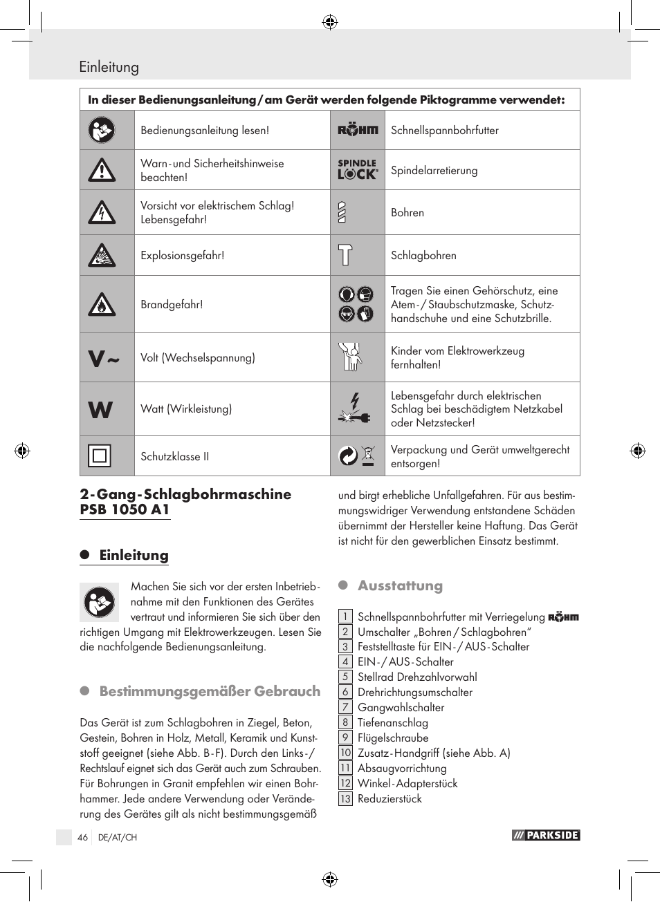 Einleitung, Bestimmungsgemäßer gebrauch, Ausstattung | Parkside PSB 1050 A1 User Manual | Page 46 / 55