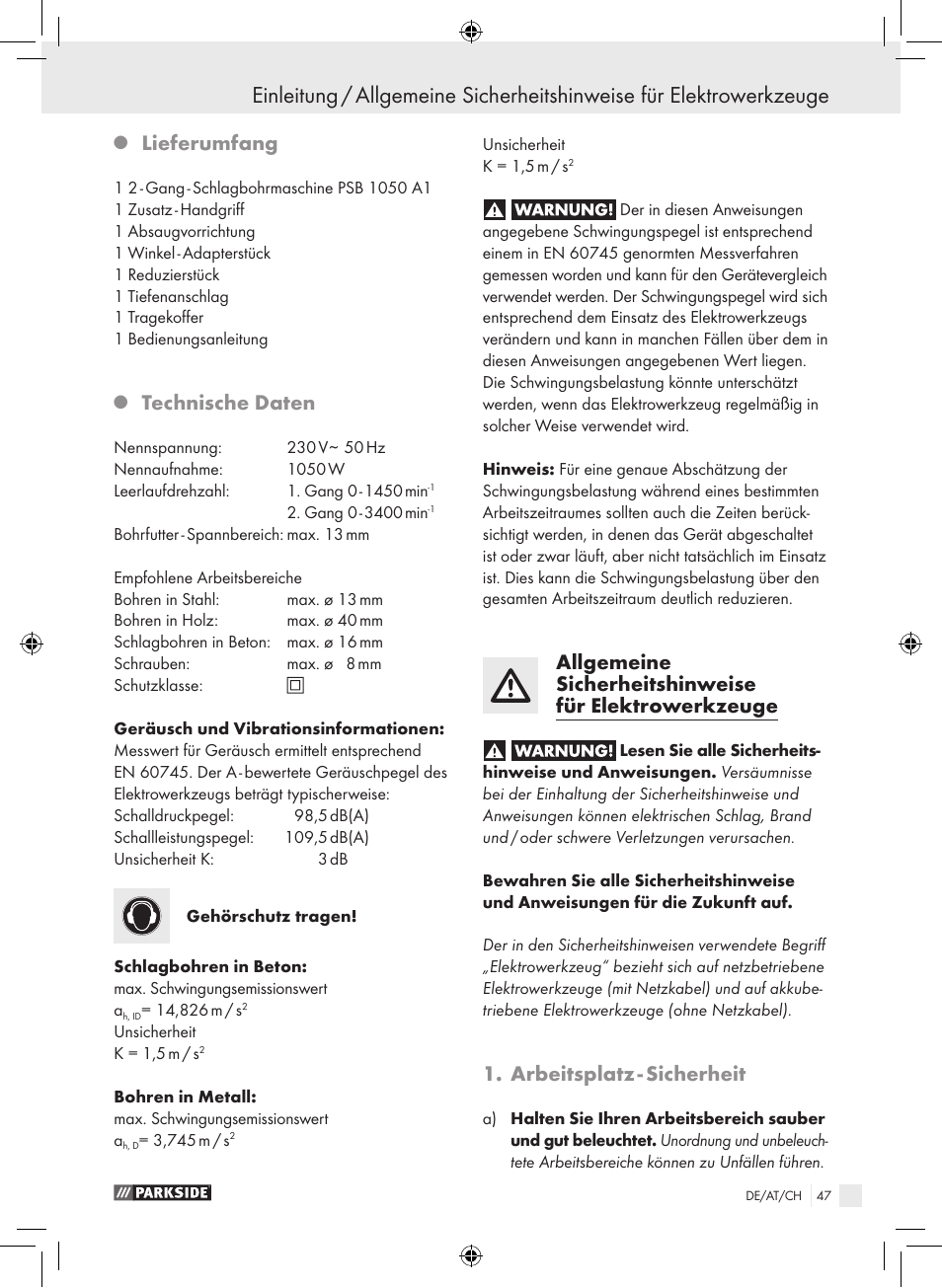 Lieferumfang, Technische daten, Arbeitsplatz - sicherheit | Parkside PSB 1050 A1 User Manual | Page 47 / 55