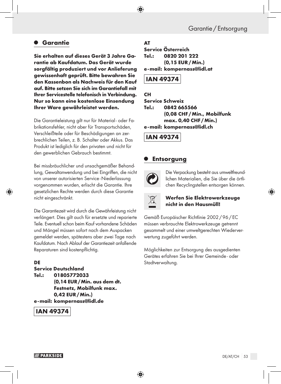 Garantie / entsorgung, Garantie, Entsorgung | Parkside PSB 1050 A1 User Manual | Page 53 / 55