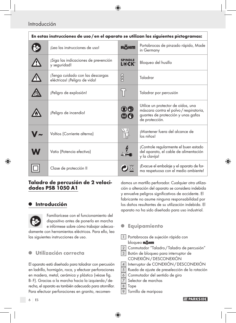 Introducción, Utilización correcta, Equipamiento | Parkside PSB 1050 A1 User Manual | Page 6 / 55