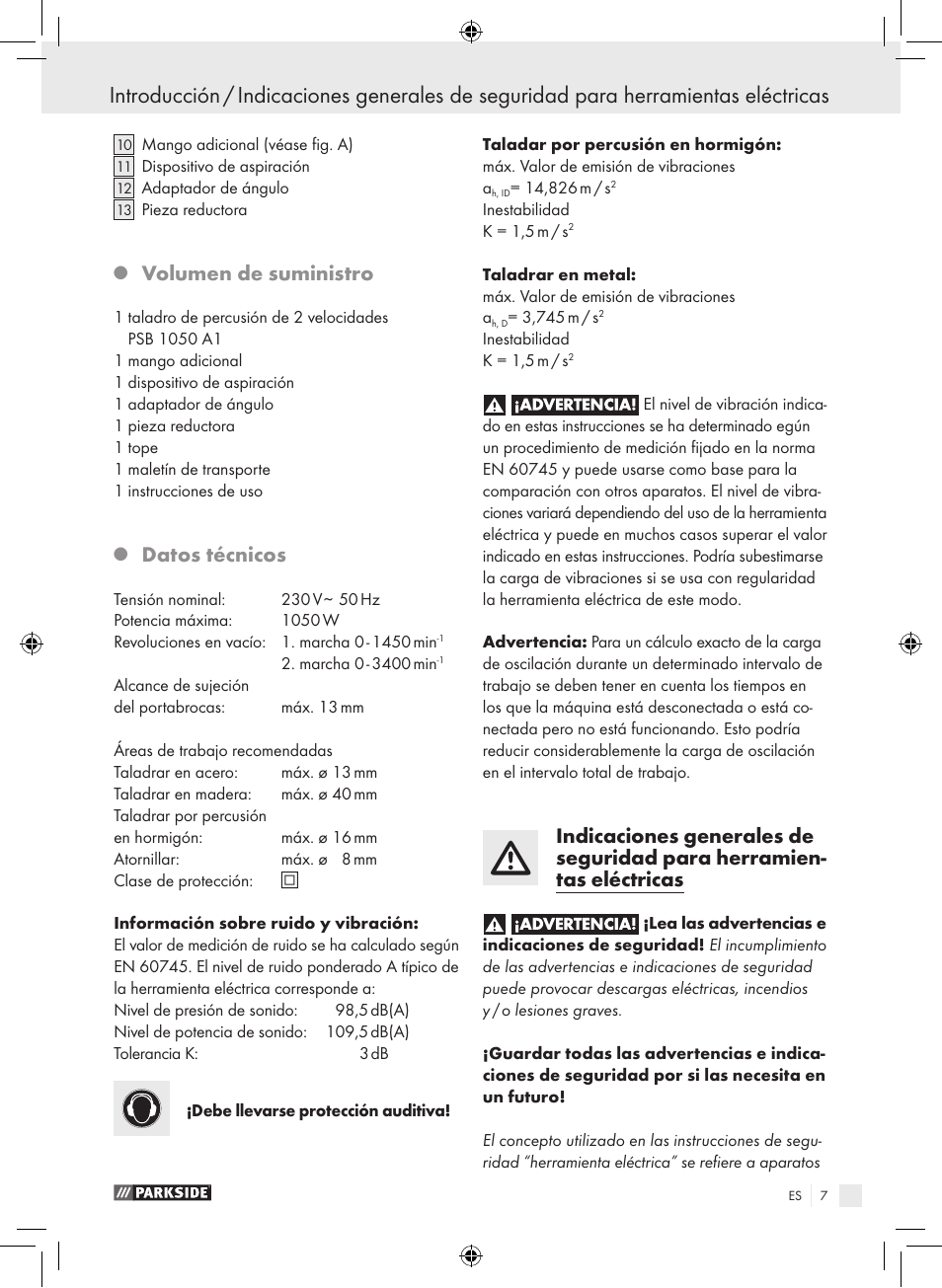 Volumen de suministro, Datos técnicos | Parkside PSB 1050 A1 User Manual | Page 7 / 55