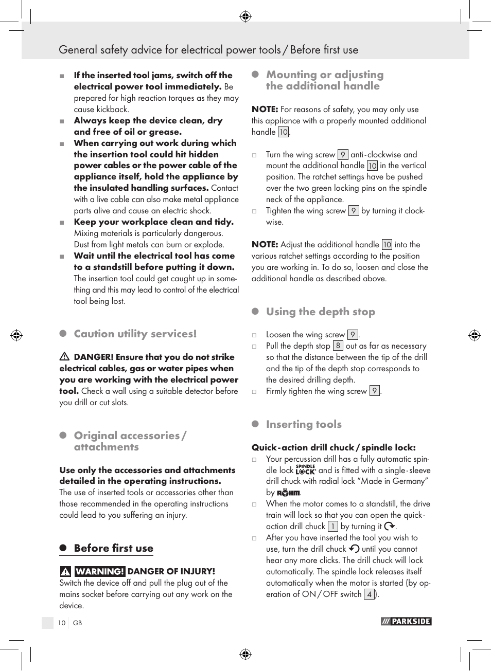 Caution utility services, Original accessories / attachments, Before first use | Mounting or adjusting the additional handle, Using the depth stop, Inserting tools | Parkside PSB 1050 A1 User Manual | Page 10 / 75