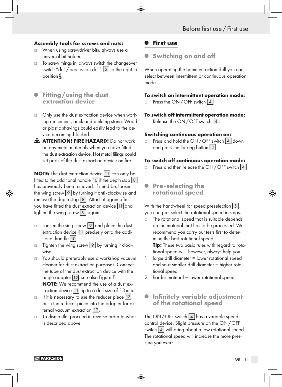 Before first use / first use, Fitting / using the dust extraction device, First use | Switching on and off, Pre - selecting the rotational speed | Parkside PSB 1050 A1 User Manual | Page 11 / 75