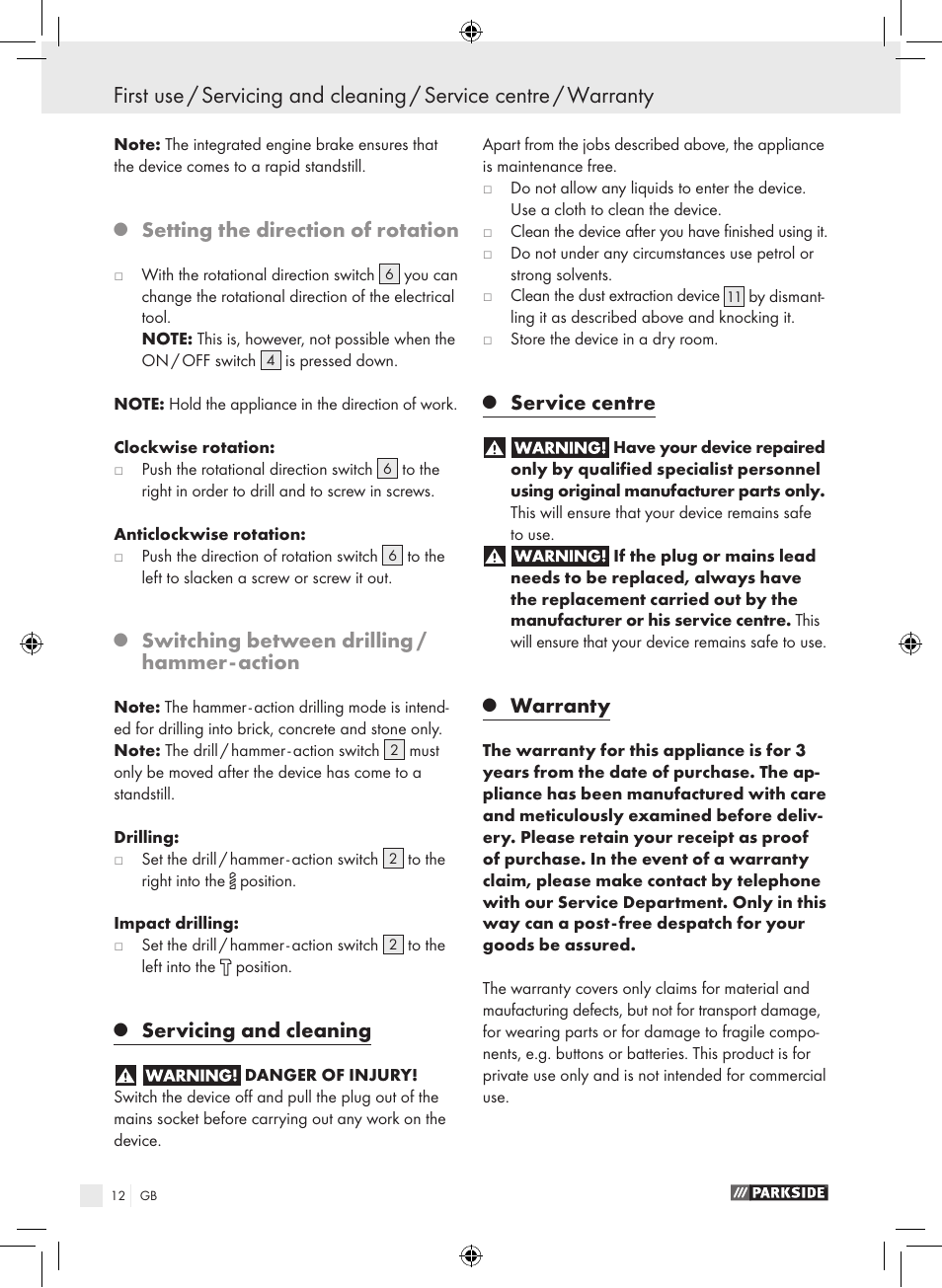 Setting the direction of rotation, Switching between drilling / hammer - action, Servicing and cleaning | Service centre, Warranty | Parkside PSB 1050 A1 User Manual | Page 12 / 75