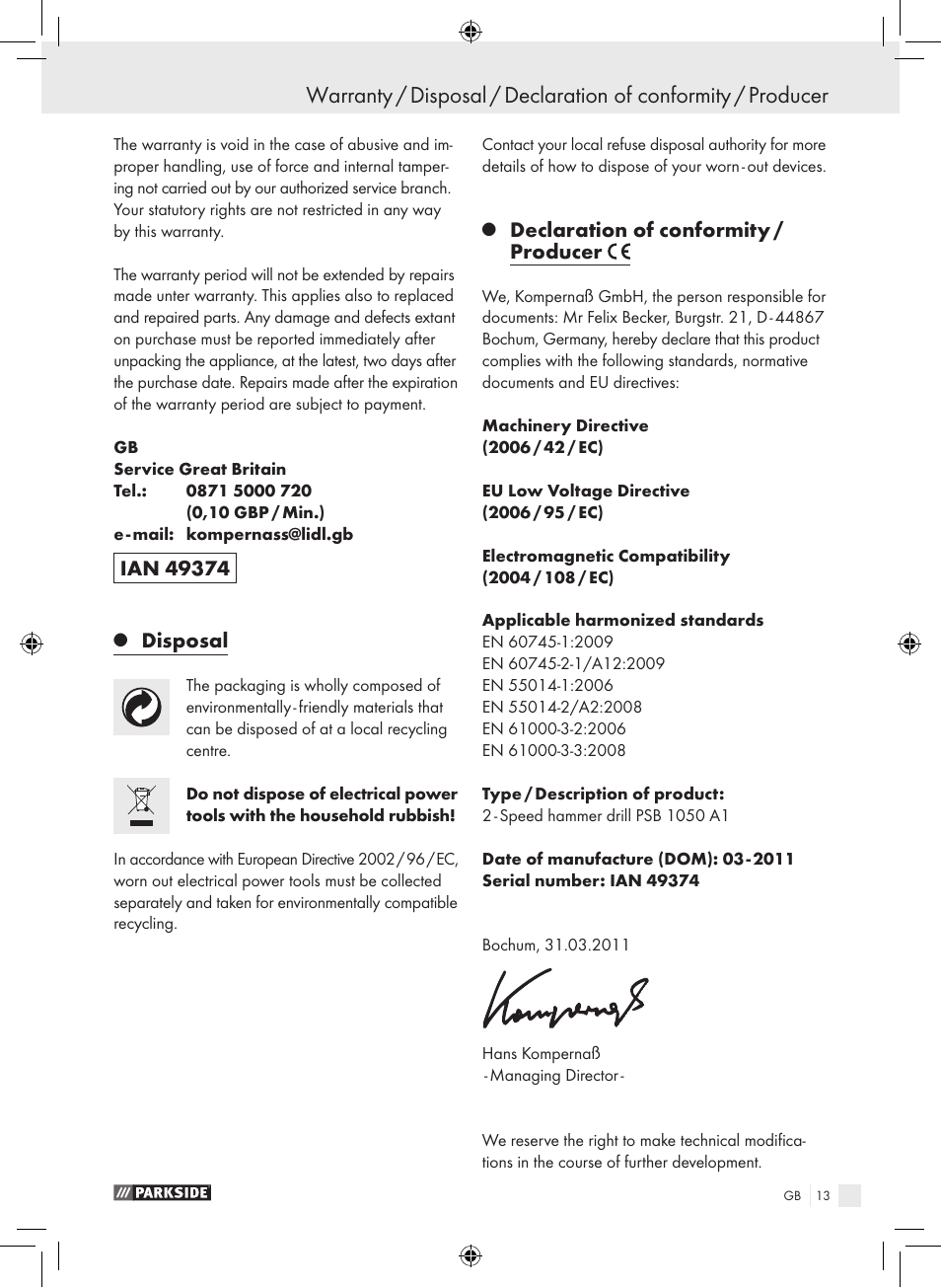 Disposal, Declaration of conformity / producer | Parkside PSB 1050 A1 User Manual | Page 13 / 75