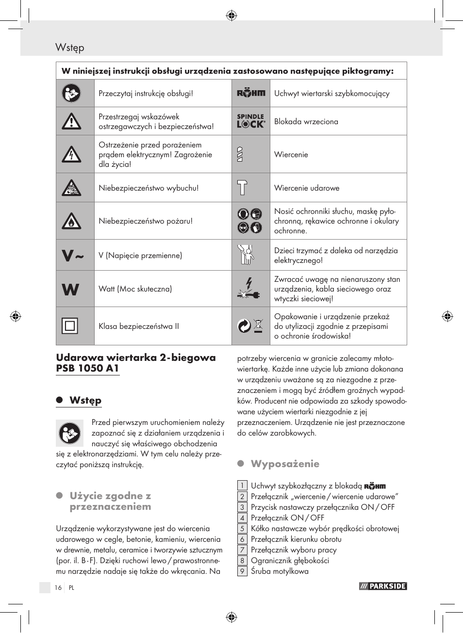 Wstęp | Parkside PSB 1050 A1 User Manual | Page 16 / 75