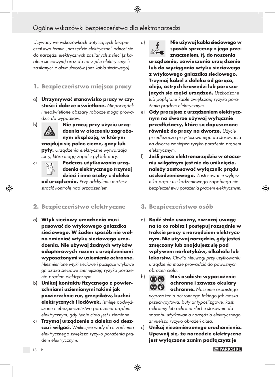 Bezpieczeństwo miejsca pracy, Bezpieczeństwo elektryczne, Bezpieczeństwo osób | Parkside PSB 1050 A1 User Manual | Page 18 / 75