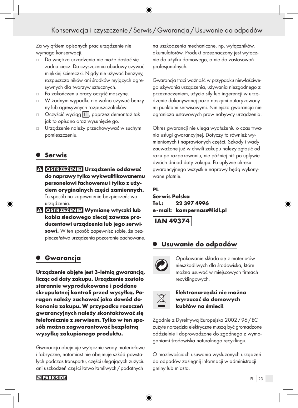 Serwis, Gwarancja, Usuwanie do odpadów | Parkside PSB 1050 A1 User Manual | Page 23 / 75