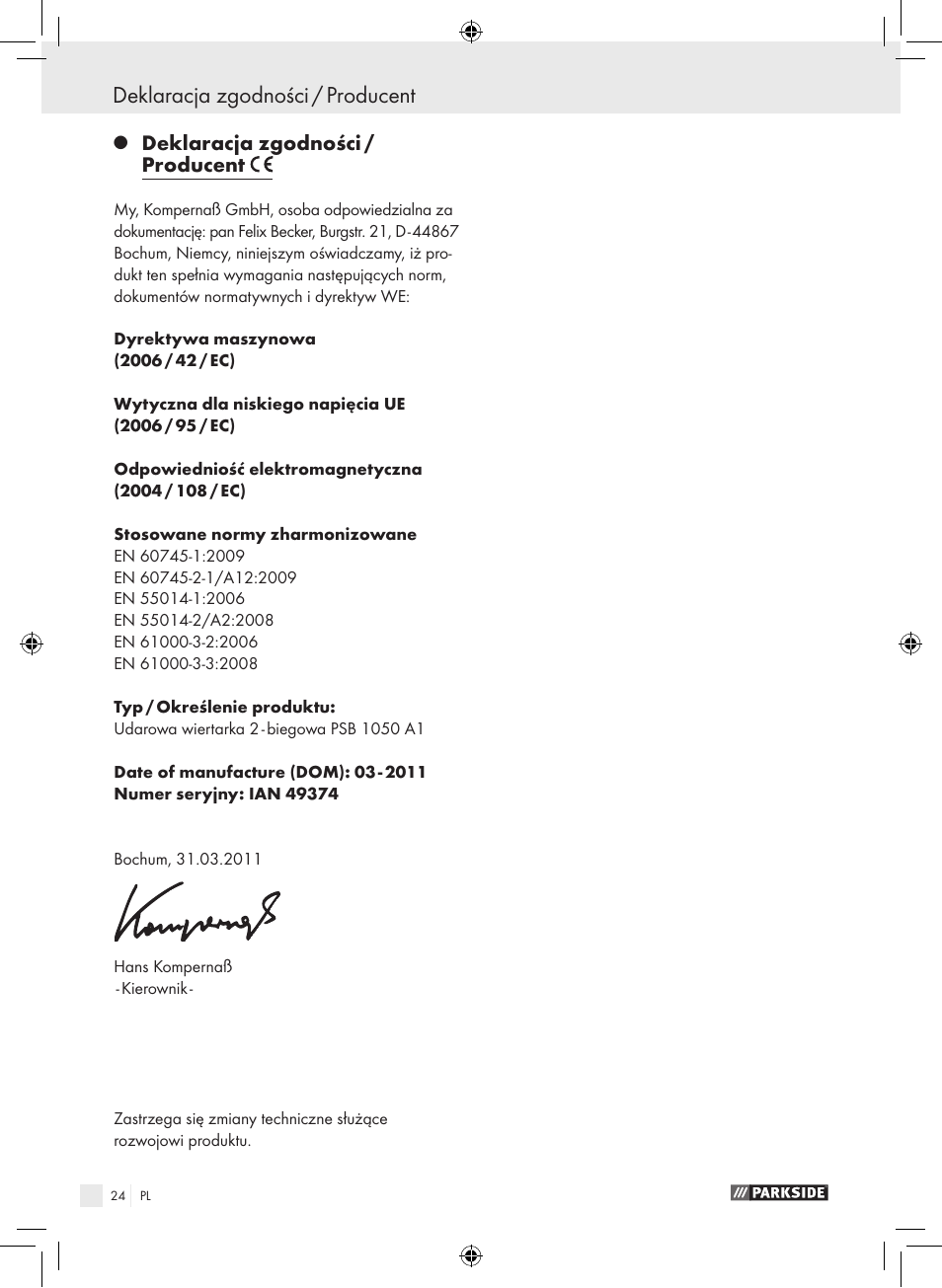 Deklaracja zgodności / producent | Parkside PSB 1050 A1 User Manual | Page 24 / 75