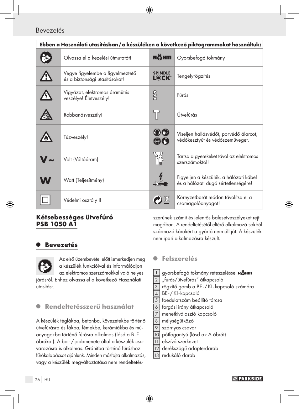 Bevezetés, Rendeltetésszerű használat, Felszerelés | Parkside PSB 1050 A1 User Manual | Page 26 / 75