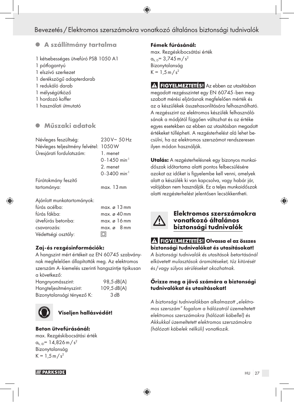 A szállítmány tartalma, Műszaki adatok | Parkside PSB 1050 A1 User Manual | Page 27 / 75