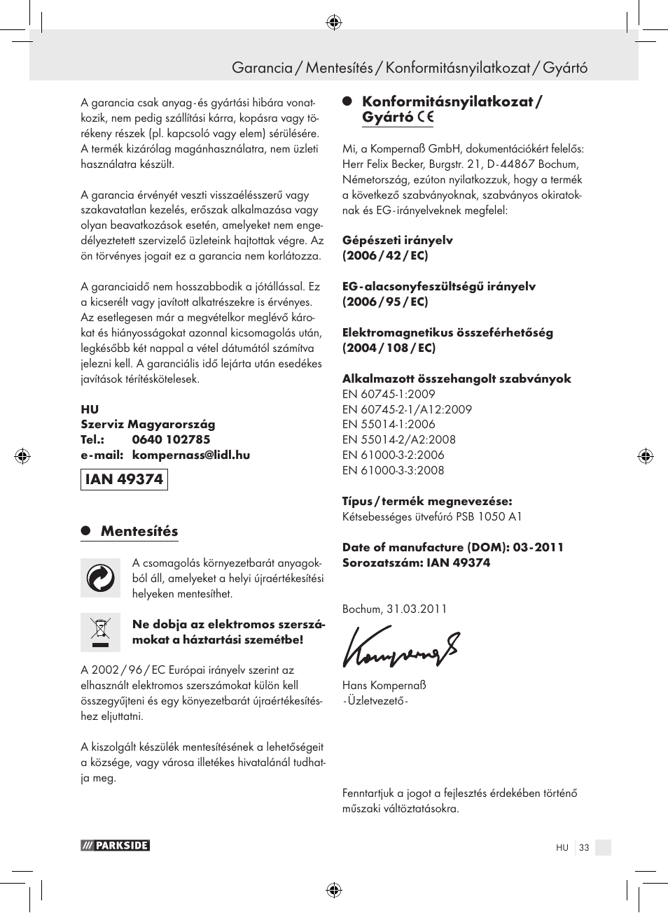 Mentesítés, Konformitásnyilatkozat / gyártó | Parkside PSB 1050 A1 User Manual | Page 33 / 75