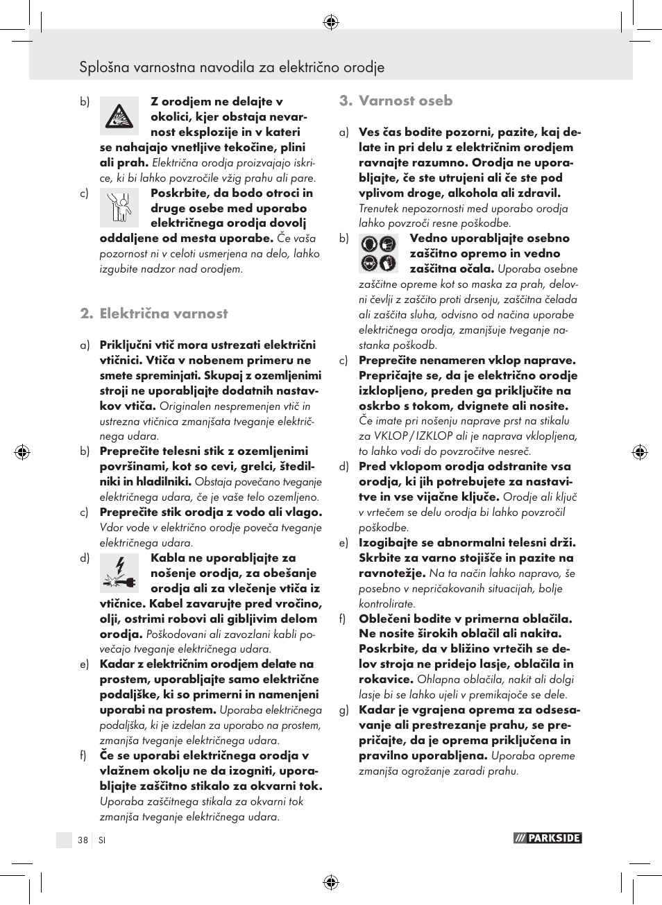 Splošna varnostna navodila za električno orodje, Električna varnost, Varnost oseb | Parkside PSB 1050 A1 User Manual | Page 38 / 75