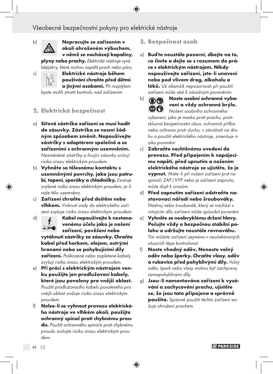 Elektrická bezpečnost, Bezpečnost osob | Parkside PSB 1050 A1 User Manual | Page 48 / 75