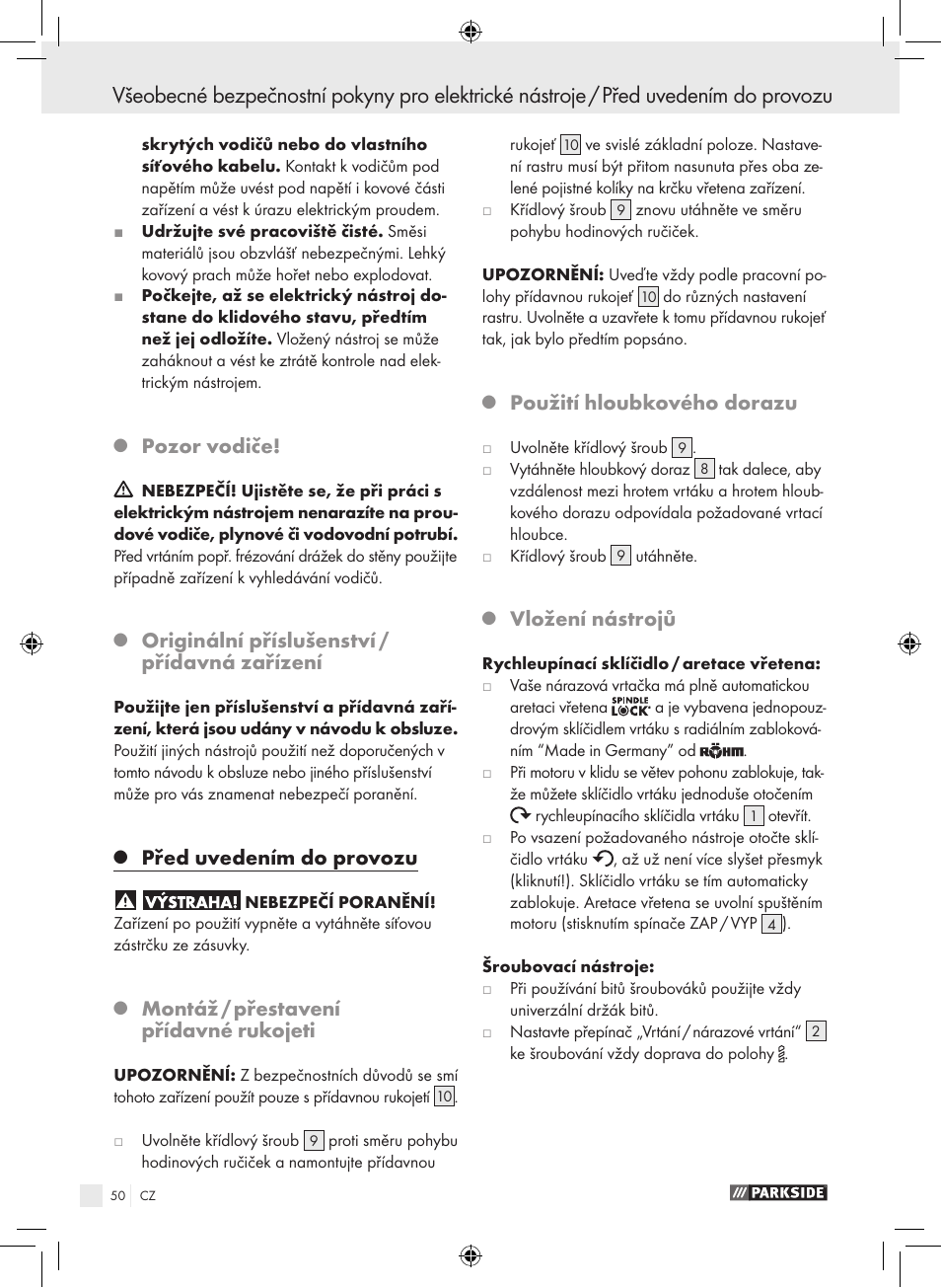 Pozor vodiče, Originální příslušenství / přídavná zařízení, Před uvedením do provozu | Montáž / přestavení přídavné rukojeti, Použití hloubkového dorazu, Vložení nástrojů | Parkside PSB 1050 A1 User Manual | Page 50 / 75