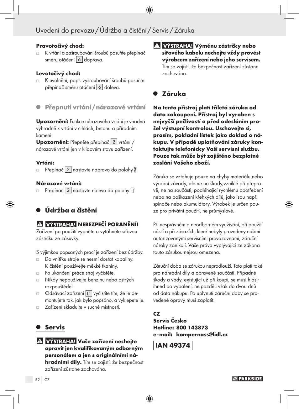 Přepnutí vrtání / nárazové vrtání, Údržba a čistění, Servis | Záruka | Parkside PSB 1050 A1 User Manual | Page 52 / 75